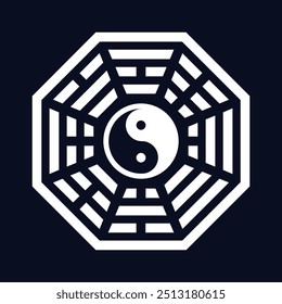 Sinal de Bagua. Símbolo Yin yang sobre um fundo escuro. Os oito trigramas de Bagua