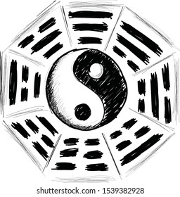 Bagua - symbol of Taoism / Daoism flat vector icon for websites and prin. Yin Yang sign icon. White and black. Feng shui symbol. Isolated Flat design style. Vector illustration