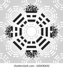 Bagua vector symbol. Explosion of eight trigrams