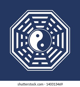 Bagua, Yin Yang, Chinese symbol, I Ching trigrams, vector, isolated, blue background