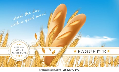 Fundo de Baguette. Banner de pão francês. Pão orgânico. Sementes de grão dourado em padaria. Massa saborosa para o café da manhã. Crosta crocante. Campo de trigo. Orelhas de cereais. Comida feita a partir de cartaz publicitário vetor de massa