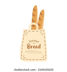 Baguette in bag isolated vector. Fresh bread in ecological bag with Bakery logo. Bakery pastry products illustration. Cartoon French fresh baguette graphic element, icon, print. Hand drawn food.