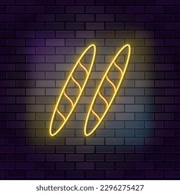 Baguette, bakery, bread neon icon brick wall and dark background.
