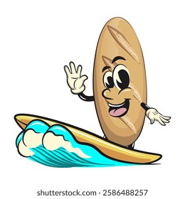 baguette bread cartoon isolated vektor illustration mascot character surfing riding the waves, work of hand drawn