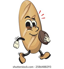 baguette bread cartoon isolated vektor illustration mascot character playing rugby and american football, work of hand drawn