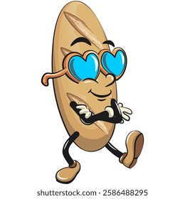 baguette bread cartoon isolated vektor illustration mascot character wearing heart shaped beach sunglasse, work of hand drawn