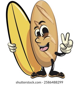 baguette bread cartoon isolated vektor illustration mascot character with surfboard and gave a peace sign, work of hand drawn