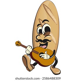 baguette bread cartoon isolated vektor illustration mascot character with moustache playing guitar, work of hand drawn