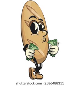 baguette bread cartoon isolated vektor illustration mascot character carrying money while whistling, work of hand drawn