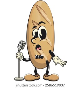 baguette bread cartoon isolated vektor illustration mascot character on front of the mic become a stand up comedian, work of hand drawn