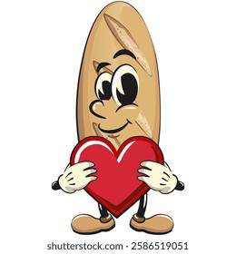 baguette bread cartoon isolated vektor illustration mascot character hold the heart with love, work of hand drawn