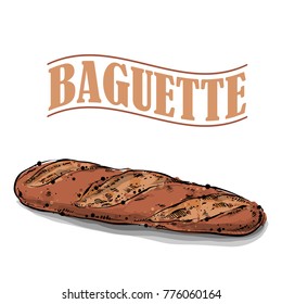 Baguette Bread drawing. Sketch style. Vector.