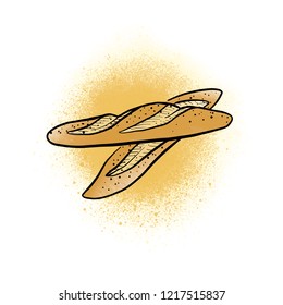 Baguette bread on vintage background. Vector food illustration.