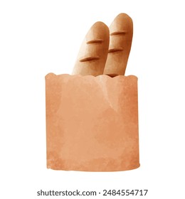 Baguette bread in paper bag. Hand drawn vector illustration.