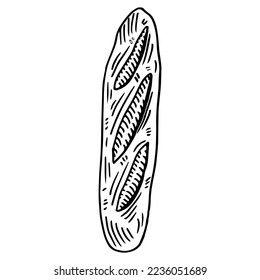 Baguette bread sketch drawing. Hand drawn sketch style bakery shop product. Fresh morning baked food vector illustration for menu design, labels and packaging. Isolated on white background.