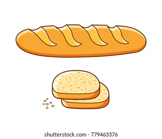Baguette bread with slices and crumbs isolated