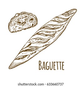 Baguette with bread slices, hand drawn vector illustration
