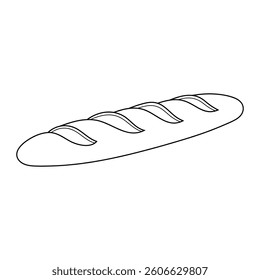 Baguette bread vector illustration. Hand-drawn French loaf in doodle style. Black line art isolated on white background.