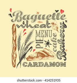Baguette bread vector sketch style. Lettering hand drawn vector isolated for bakery shop, confectionery. Vector sketch different words and elements for bakery. Fresh baked baguette.