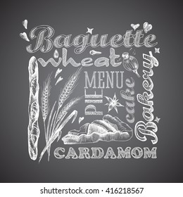 Baguette bread vector sketch style. Lettering hand drawn vector isolated for bakery shop, confectionery. Vector sketch different words and elements for bakery. Fresh baked baguette. Chalk.