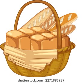 Baguette and brioche bread in basket illustration
