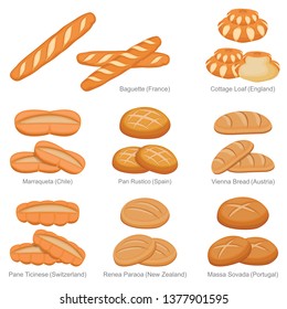 Baguette Cottage Loaf and Famous Unique Bread of Countries Set