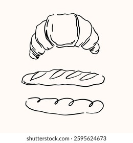 Baguette and croissant line drawing. Hand drawn vector art icon.
