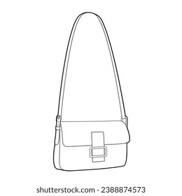 Baguette Cross-Body Bag silhouette. Fashion accessory technical illustration. Vector satchel front 3-4 view for Men, women, unisex style, flat handbag CAD mockup sketch outline isolated