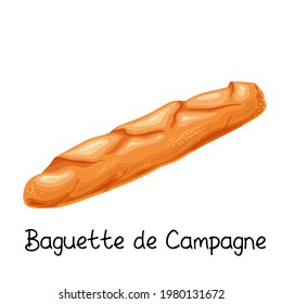 Baguette de campagne, bread icon. French bakery product colored vector illustration.