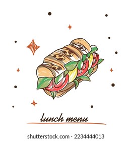 Baguette with delicious cheese and tomatoes, lunch menu, colorful doodle style illustration