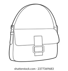 Baguette elbow silhouette bag. Fashion accessory technical illustration. Vector satchel front 3-4 view for Men, women, unisex style, flat handbag CAD mockup sketch outline isolated