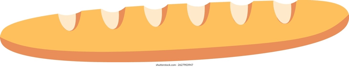 A baguette with five slices in a flat style. The loaf is depicted with a smooth texture and simple lines. Cartoon vector illustration.