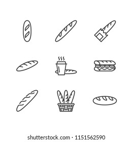 Baguette, food flat line icons. Bread house, french loaf in basket vector illustration, bakery products sign.