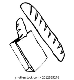 Baguette, french bread, traditional french cuisine and pastry, food, vector, illustration, in black and white color, isolated on white background