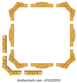 Baguette, golden frame, classic frame from different parts. Classic frame in vintage style. Set of frames for paintings. Assembly frame. A set of brushes. Vector illustration, EPS 10