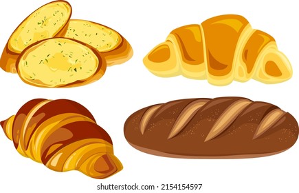 Baguette, Gralic Bread, And Croissant Set Vector Illustration