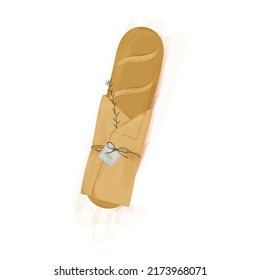Baguette illustration. Baguette wrapped with a sprig of plant. Baking illustration for package, poster or recipe design.