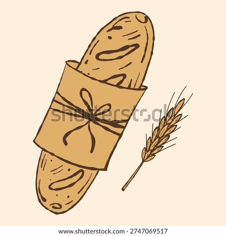 Baguette Loaf Vector Illustration. Wrapped French Baguette Sketch. Rustic Baguette Illustration. Wheat ear. Hand drawn bakery product
