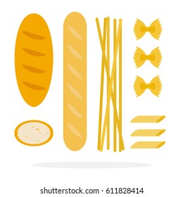 Baguette and loaf of wheat, spaghetti pasta, penne pasta, Farfalle pasta flat material design isolated on white