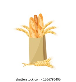 Baguette in paper bag. Bread and wheat ripe spike ear. Vector illustration cartoon flat icon isolated on white.