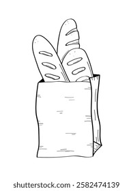 Baguette in a paper bag doodle icon. Bread, pastry, flour product icon for menu design or cafe. Isolated on a white background.