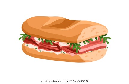 Baguette Sandwich. Bacon und Arugula grün, die zwischen Weizenbrot und Weizenbrot gefüllt sind. Leckerer Imbiss, köstliches Fastfood mit Fleisch, Käse, Sauce. Flache Vektorgrafik einzeln auf weißem Hintergrund