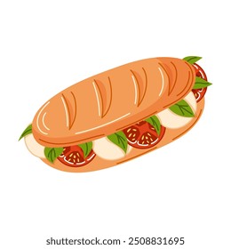 Baguette sandwich filled with fresh tomatoes, mozzarella cheese, and basil leaves. Cartoon style food. Design for breakfast menu, grocery. Vector illustration isolated on a white background.