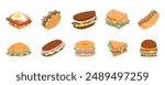Baguette sandwich. Hamburger with sauce cheese, burger, bagel with fish or chicken, ham and salmon, different bread. Food restaurant menu, graphic breakfast illustration. Vector cartoon garish set