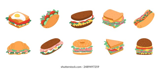 Baguette sandwich. Hamburger with sauce cheese, burger, bagel with fish or chicken, ham and salmon, different bread. Food restaurant menu, graphic breakfast illustration. Vector cartoon garish set