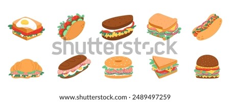 Baguette sandwich. Hamburger with sauce cheese, burger, bagel with fish or chicken, ham and salmon, different bread. Food restaurant menu, graphic breakfast illustration. Vector cartoon garish set