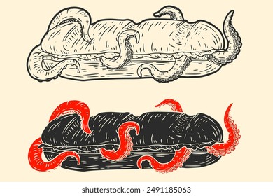 Baguette sandwich with octopus tentacles. Hand drawn vector art in sketch style. Creative illustration for print, tattoo.