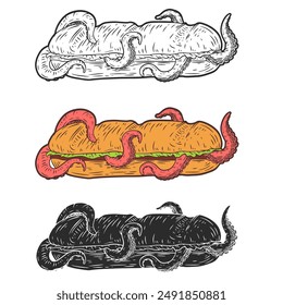 Baguette sandwich with octopus tentacles. Hand drawn vector art in sketch style. Creative illustration for print, tattoo.