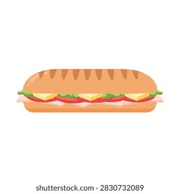 Baguette sandwich vector illustration with ham, cheese, tomato, and lettuce on white background.