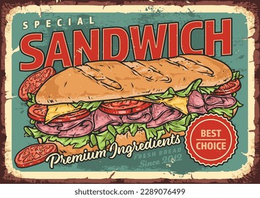 Baguette sandwich vintage poster colorful with thin slices ham and tomatoes with cheese for snacks from french cuisine vector illustration